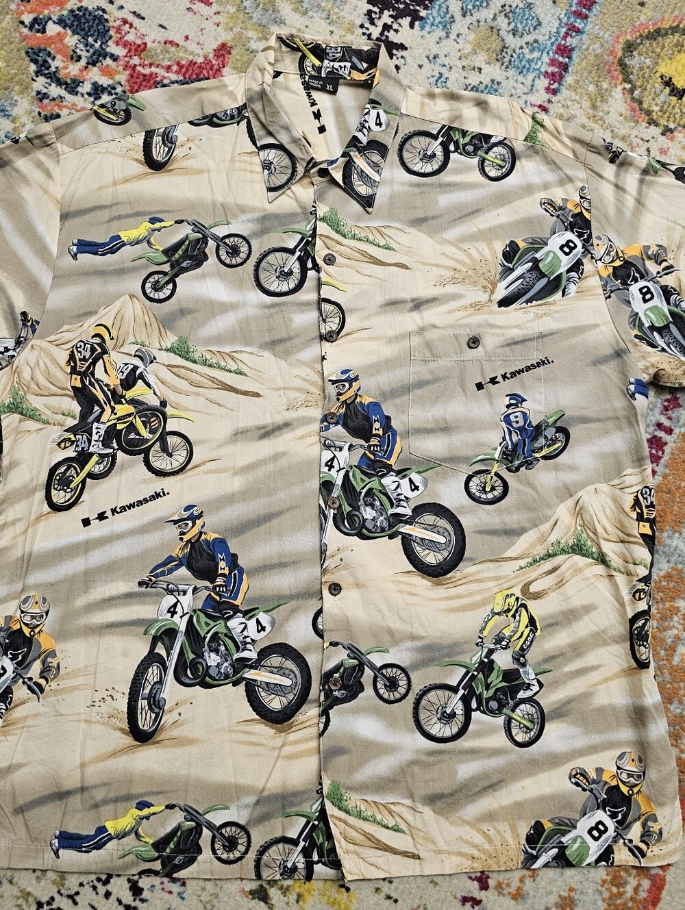 Tori Richard Kawasaki Mens XL Hawaiian Shirt  Made in USA Dirt Bike Scene Print